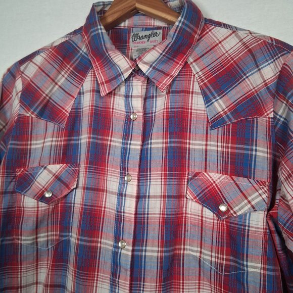 Wrangler Wrancher Shirt Women XL Western Pearl Snap Red Blue Plaid Rodeo Ranch - Picture 3 of 14